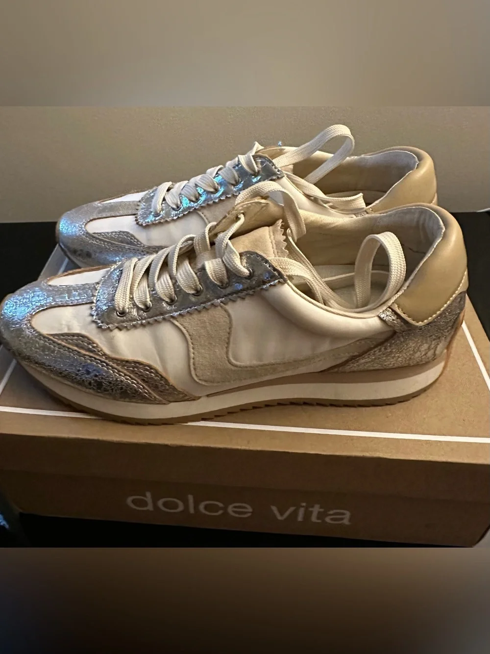 Dolce Vita Cream Sneakers with Silver Metallic Trim